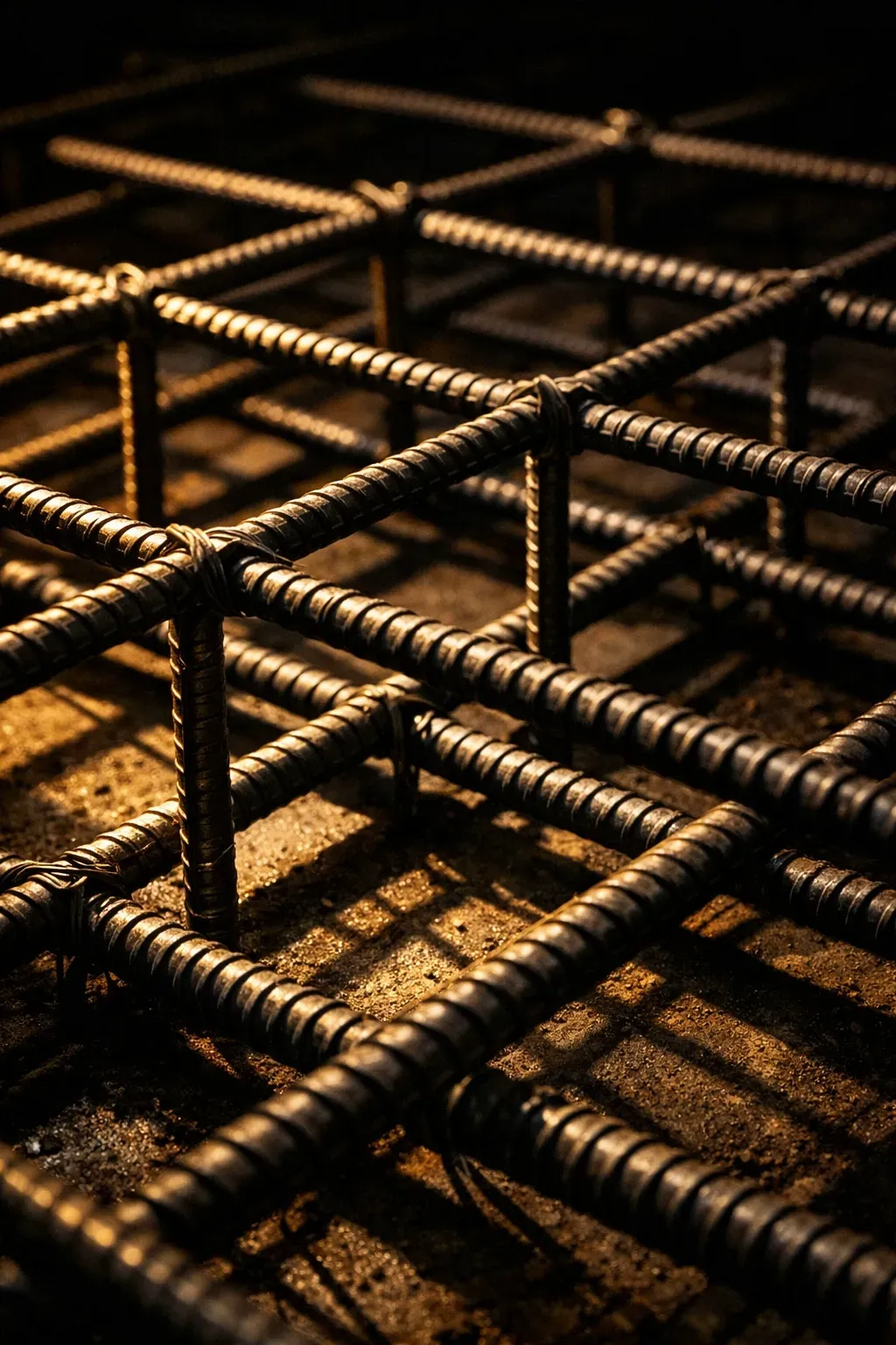 Detailed rebar grid with warm golden light