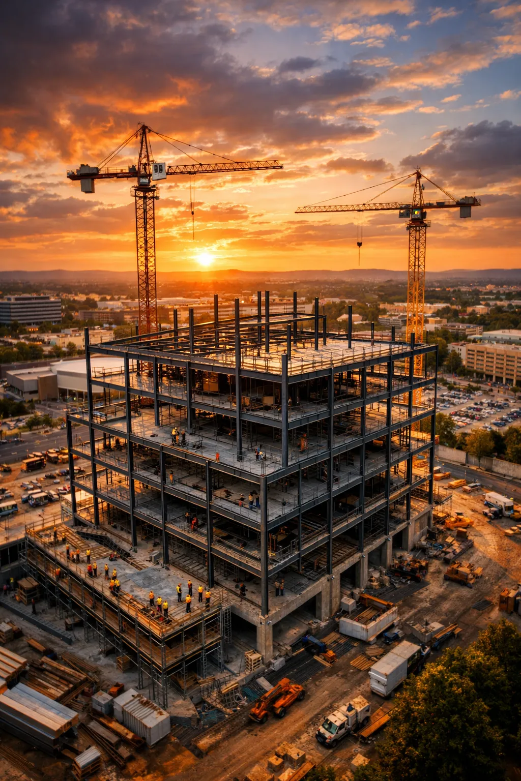 Aerial view of an active construction development site