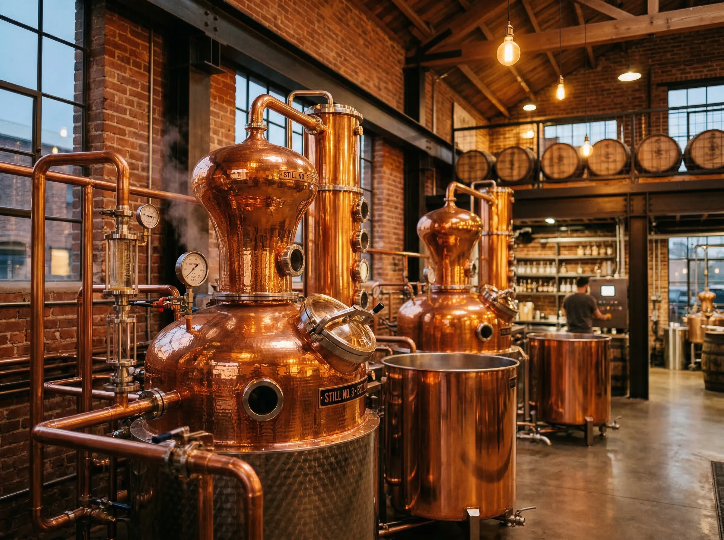 Copper pot stills in a craft distillery