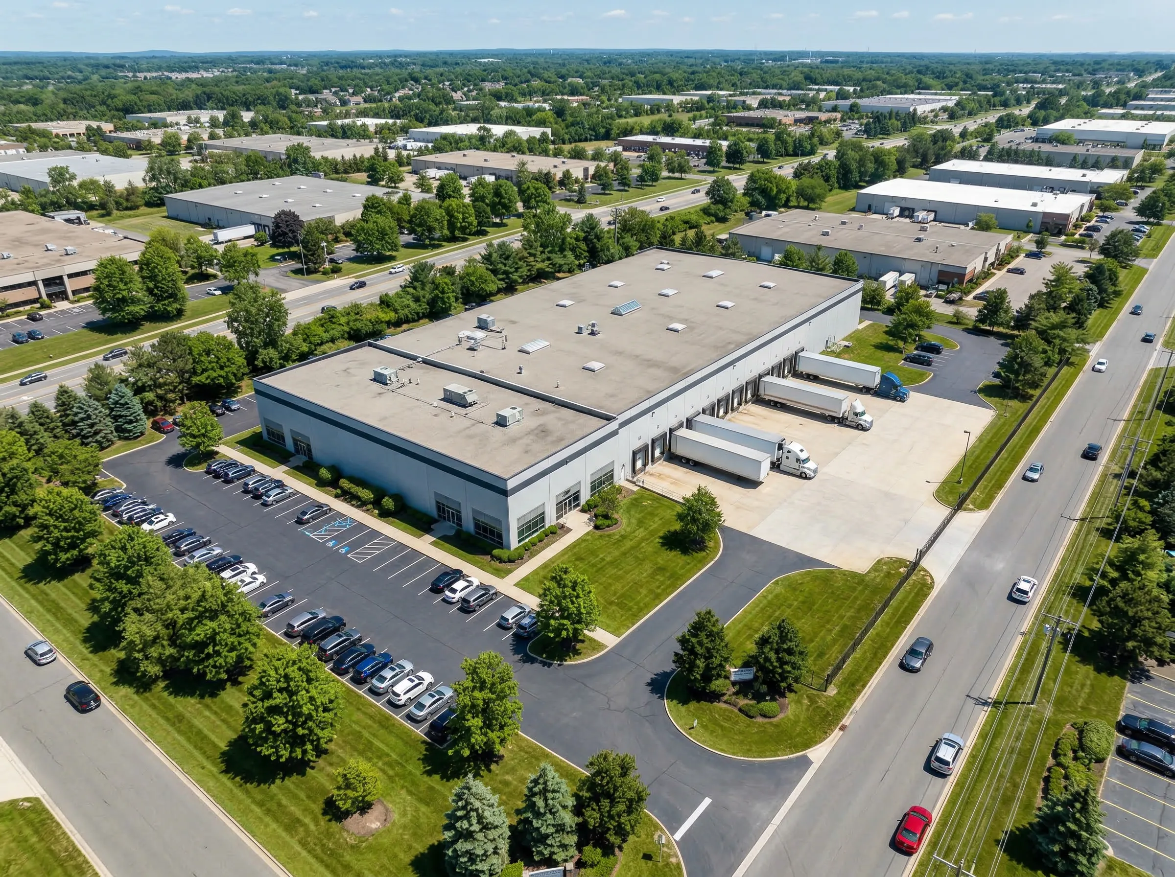 Aerial view of a mid-size industrial warehouse facility